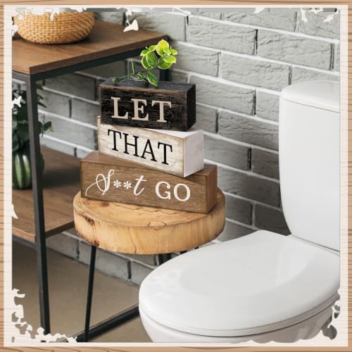 Image of Moucuny 4 Pcs Bathroom Shelf Decor Sign Farmhouse Bathroom Decor and Accessories Rustic Eucalyptus Leaves Wood Block Sign Gift Let That Shit Go Funny Farmhouse Table Centerpiece for Home Office Toilet