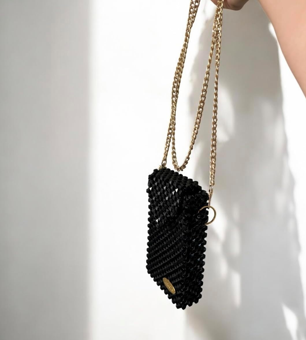Phone Case Holder Crossbody Bag, Black Beaded with Gold Chain Strap and Magnetic Closure