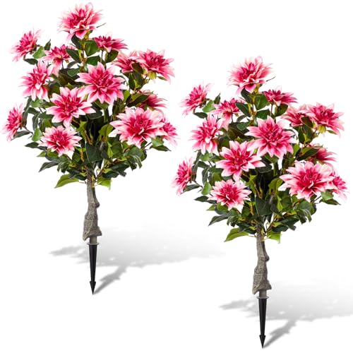 Daifunli 2 Pack 31.5" Artificial Dahlia Flowers Tree with Ground Spikes, Faux Flower Floral Blooming Plants Tree for Garden Front Door Office Home Porch Indoor Outdoor Spring Decor(Deep Pink) by Daifunli - Used condition - US$64.66