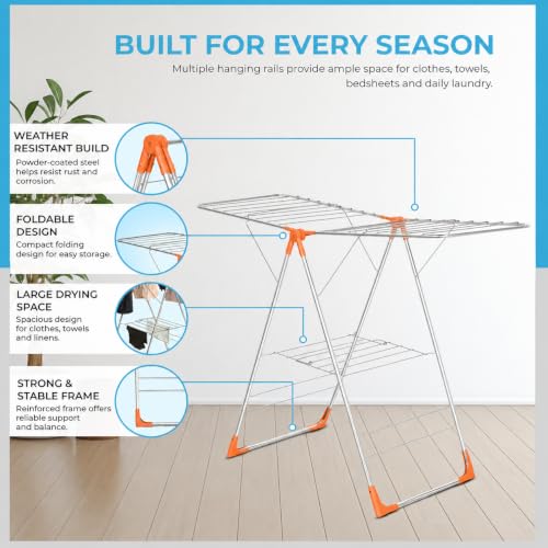 Image of FLIPZON AeroDry Pro Foldable Clothes Drying Stand | Heavy Duty Laundry Drying Rack with Expandable Wings | Rust Resistant | Space Saving Indoor & Outdoor | Silver & Orange
