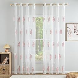 MIULEE Cortinas de Salon Modernas con Bordado de Hojas, Cortinas Dormitorio Translucidas 2 Piezas con Ojales, Decorativas Visillos para Ventanas Habitacion (2X A140 x L280 cm, Hojas Blancas y Rosa)