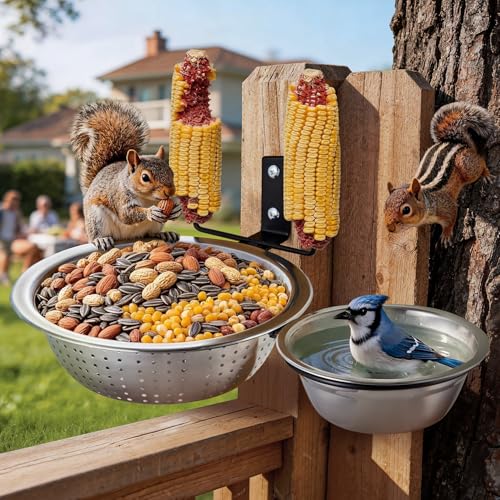 TKMSV 2 Bowls Squirrel Food&Water Feeder, Metal Chew-proof Squirrel Feeders for Outside, Picnic Table with 2 Corn Cob Holders - Removable Smart Drainage 304 Bowl+Bird Water Bowl&Seed Tray-Tree Mounted