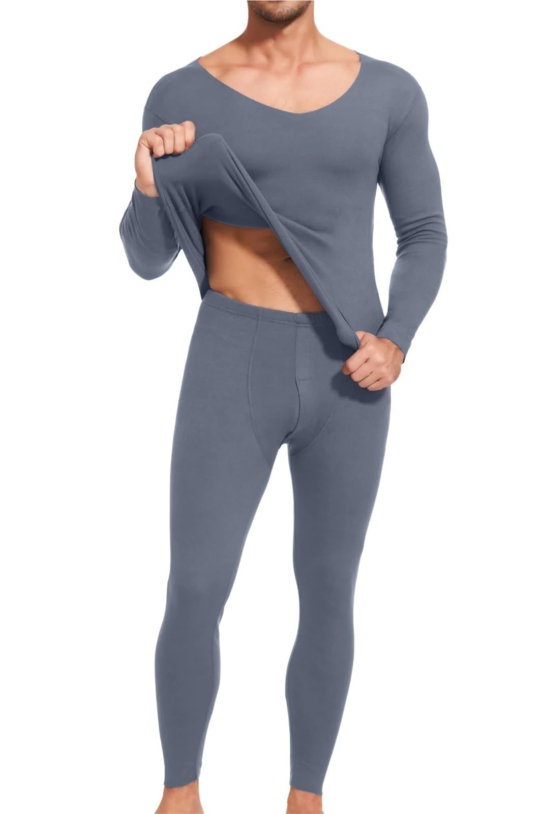 Conjuntos Térmicos Para Hombre Ropa interior térmica cepillada for hombre, conjunto de pantalones de manga larga con cuello en V, sin costuras, cómodos, de invierno Para El Running, El Esquí(Grey,L)