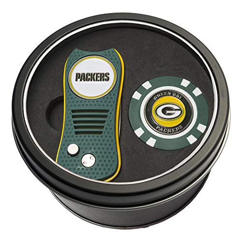 Team Golf NFL Green Bay Packers Tin Golf Chip Gift Set with Retractable Divot Tool and Chip, Includes 2 Double-Sided Enamel Ball Markers, Patented Design, Less Damage to Greens