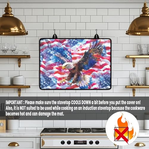 Image of Poceacles Independence Day Kitchen Decor Stove Top Cover for Ceramic Glass Stove Cover Oil Resistant Prevent Scratching Oven Cooktop Mat for 4th of July, Eagle American Flag Pattern