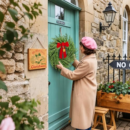 Image of 26 inch Christmas Wreath for Front Door, Artificial Wreath with Bow and Bell,Real Touch Pine Winter Wreath Christmas Decoration for Porch,Window,Wall,Thanksgiving Day Harvest Festival