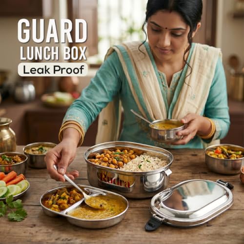 Image of Rudra Stainless Steel Guard Lunch Box 450ml Airtight Food Grade Tiffin Box with Removable 2 Partition Tray, BPA Free Lunch Container for School Office Travel