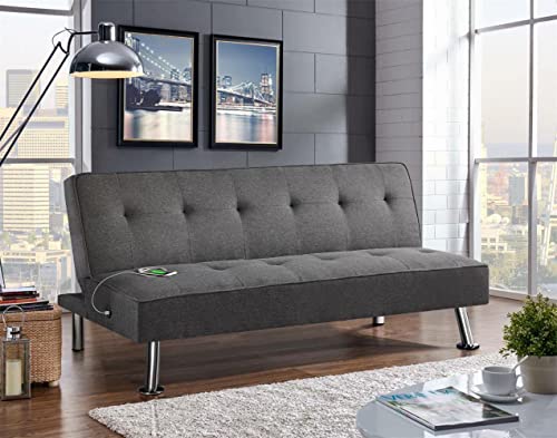 Yaheetech Modern Convertible Futon Sofa Bed W/ 2 Integrated Usb Charging Ports Fabric Loveseat Couch Metal Legs, 3 Angles Adjustable Back For Compact Living Space, Apartment, Dorm, Bonus Room Gray #TOP4
