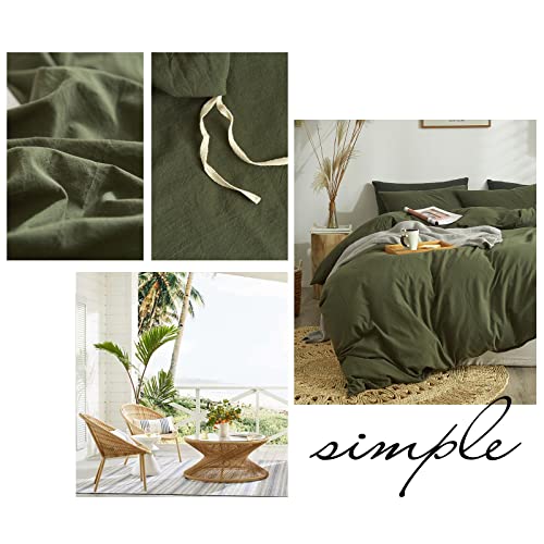 Olive Green Duvet Cover Set 100% Washed Cotton 3 Piece Bedding Set King Size,Luxury Soft Duvet Cover Dark Green Solid Color Bedding Set Modern Simple Quilt Cover With Zipper King Bed Set For Men #TOP3