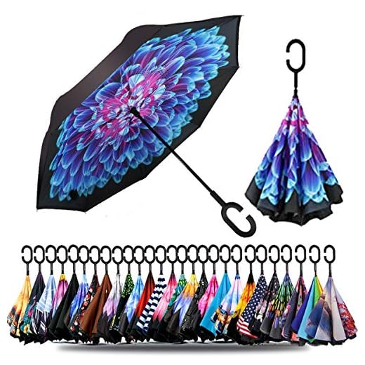 Spar. Saa Double Layer Inverted Umbrella with C-Shaped Handle, Anti-UV Waterproof Windproof Straight Umbrella for Car Rain Outdoor Use (Dahlias Flower)