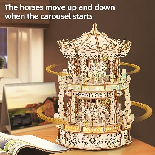 MIEBELY 3D Wooden Puzzles for Adults LED Carousel Music Box - DIY Crafts Model Building Kits for Teens Mechanical Model Stem Project Christmas Toy Gifts for Kids Desk Decor for Boys/Girls Ages 8+ - Thumbnail 3