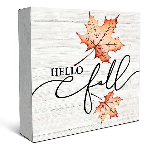 SRADMO Fall Hello Maple Leaf Thanksgiving Wood Box Sign Desk DecorRustic Autumn Harvest Seasonal Wooden Block Box Sign Decoration For Home Farmhouse Indoor Outdoor Wall Shelf Table Decor