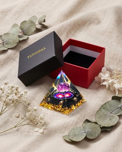 Image of Orgone Pyramid with Healing Crystals - Amethyst & Obsidian Energy Generator for Positive Vibe, Stress Relief & Chakra Reiki Meditation - Pyramid Decor - Spiritual Gift for Success, Wealth & Prosperity