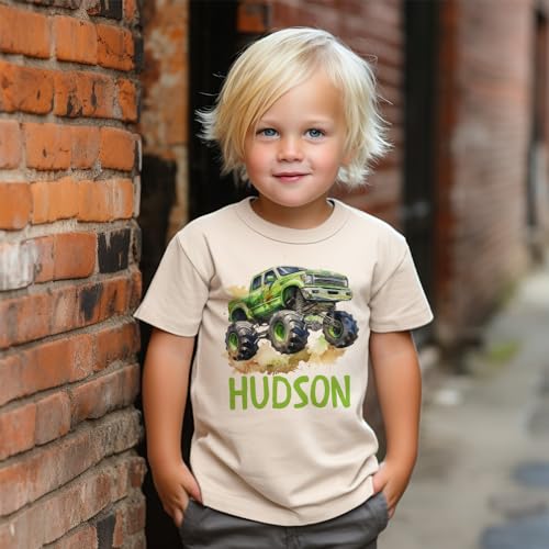 Custom Green Monster Truck Shirt - Personalized Kids Name Birthday Outfit For Boys & Girls - Natural Toddler Youth Tee3