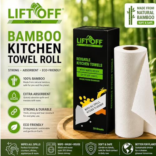 Image of LIFTOFF Bamboo Kitchen Towel Roll Reusable - 40 Sheets Washable Cleaning Wipes Up to 4000 Uses Ultra Absorbent - Eco-Friendly Alternative to Paper Towels-Multipurpose Kitchen & Home Use - Pack of 2