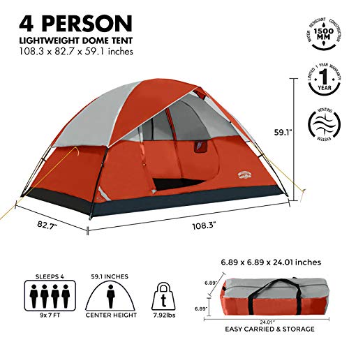 Pacific Pass 4 Person Family Dome Tent with Removable Rain Fly, Easy Set Up for Camp Backpacking Hiking Outdoor, 108.3 x 82.7 x 59.8 inches, Orange