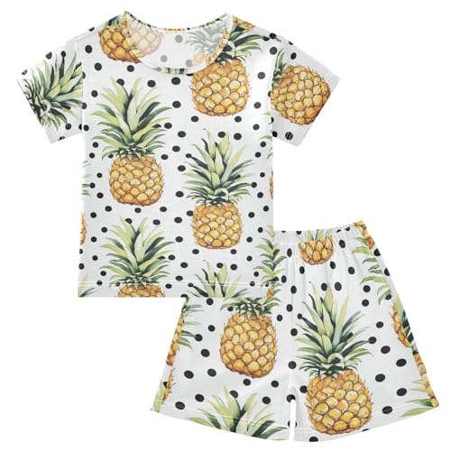 ALAZA Pineapples Black Polka Dots Pajama Set Short Sleeve Sleepwear Soft Lounge Nightwear