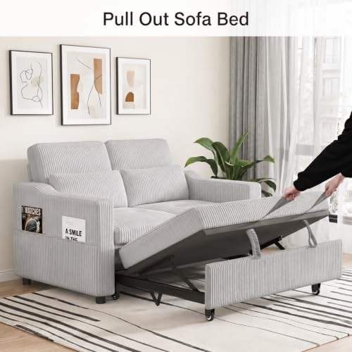 Image of 51.6 inch 3-in-1 Convertible Sleeper Sofa Bed, Pull Out Loveseat Couch with 5-Position Adjustable Backrest, USB & Type-C Ports, Side Storage Pockets, Corduroy Sofa Bed for Small Spaces