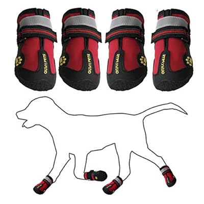 QUMY Dog Boots Shoes for Large Breed Dogs with Reflective Strip Rugged Anti-Slip Sole 4PCS (Size 4: 2.7"x2.1"(LW) for 31-40 lbs, Red-Upgrade)