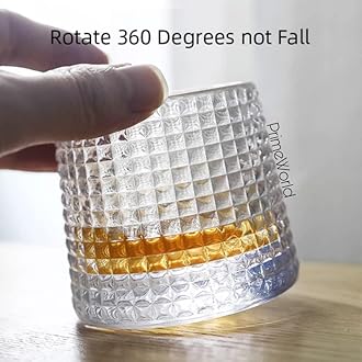 PrimeWorld Dancing Whiskey Glass Set of 2 Pcs with Rotable Bottom- Spining Glasses-220 ml Bar Glass for Drinking Bourbon, Whisky, Scotch, Cocktails, Cognac- Old Fashioned Tumblers