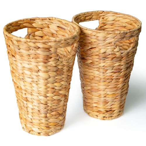 Image of KOKODO Pack of 2 Cylinder Water Hyacinth Waste Basket - Handwoven Wicker Trash Can with Handles & Metal Frame, BOHO Decorative Garbage Bin for Bathroom, Bedroom, Home Office (2-Pack)