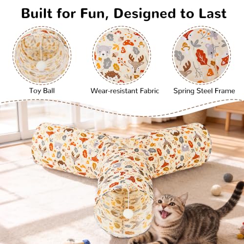 Image of Tempcore Cat Tunnel, 3-Way Collapsible Toy, Large Size Beige Deer | Large Size 3-Way Cat Tunnel Provides More Room for Cats to Run, Hide and Chase, with Peek Holes, Hanging Ball and Teaser Wand
