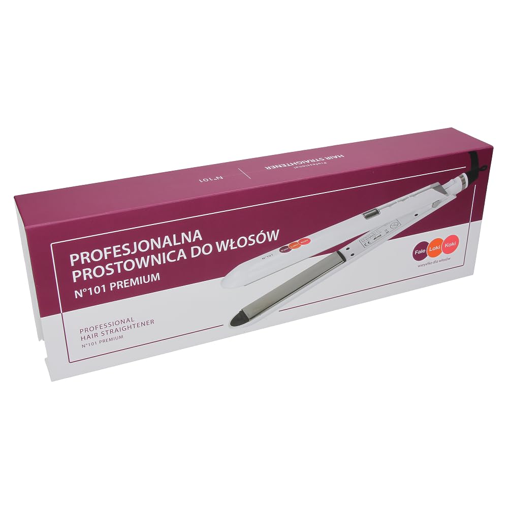 Prostownica Fale Loki Koki N101 z jonizacją biała, powłoka ceramiczno-turmalinowa, jonizacja, zakres temp. 130-230°C, szybkie nagrzewanie, długi kabel obrotowy, blokada płytek, płytki:24-110mm