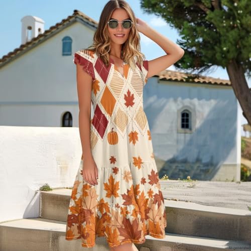 Image of Women's Casual Ruffle Sleeve Dress V Neck Pullover Dress Flowy A-Line Pleated Lightweight Dress with Pockets