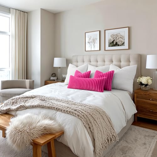 Image of MIULEE Faux Fur Decorative Throw Pillow Covers 18x18 Set of 2 Hot Pink | Retro Vintage Boho Spring Home Decor Soft Plush Couch Pillows Cozy Fluffy Cushion Covers for Sofa Bed Living Room