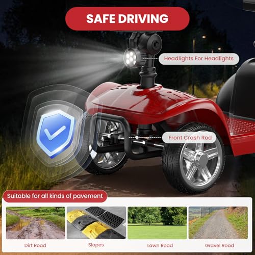 POWET 4 Wheels Mobility Scooter, 15 Miles Long Range Wheelchair Device, Mobility Scooters for Adults and Seniors with LED Headlight, Powered Mobility Scooters with Detachable Basket (Red)