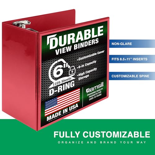 Image of Samsill Durable 6 Inch 3 Ring Binder, Locking D Ring Binder, Customizable Clear View Cover, Ruby Red, Holds 1225 Pages