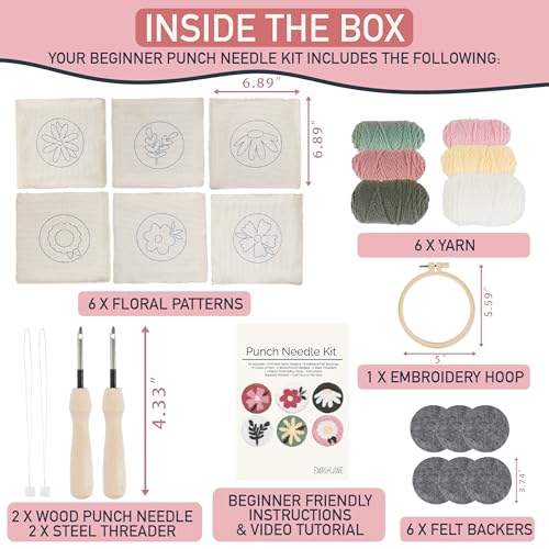 Image of Emri Lane Punch Needle Kit - 6 Floral Design Punch Needle Embroidery Kit w /Monk Cloth, Embroidery Hoop, Yarn & More - Essential Punch Needle Supplies for Crafters - Ideal Punch Art for Beginners