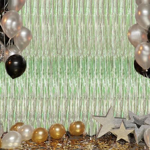 Image of DECOCKRAT 2 Pack Foil Fringe Backdrop - Light Green Shiny Tinsel Curtains for Party Decoration /Photo Booth Props - 3.3x6.6 FT Metallic Foil Backdrop for Birthday, Wedding, Graduation, Christmas.