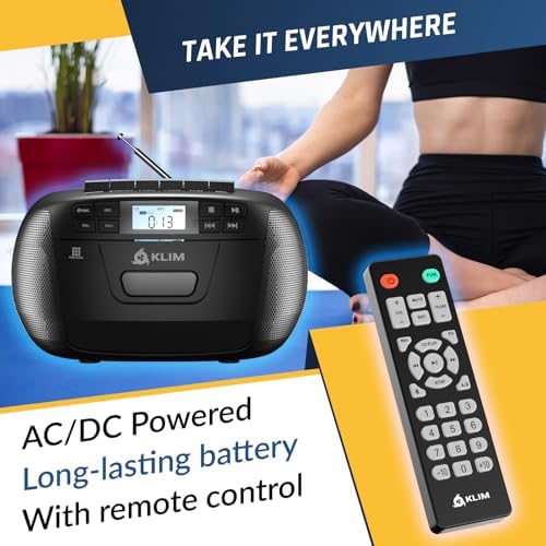 Image of KLIM CD + Cassette Tape Player, Bluetooth CD Boombox, AM /FM Radio, Stereo Sound, Remote, CD and Cassette Player Combo, Tape Recording, USB Drive, AUX