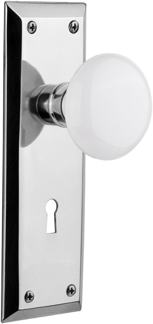 Nostalgic Warehouse New York Plate with Keyhole White Porcelain Knob, Privacy - 2.375", Unlacquered Brass