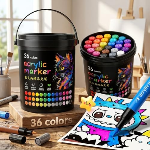 Image of SMILE Professional 36 Colors Acrylic Marker Pen Set - Multi Surface Paint Pens for Rock, Glass, Canvas, Wood, Ceramic, DIY Craft & School Projects