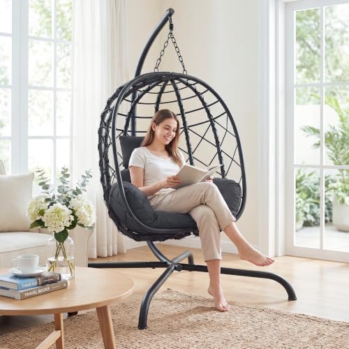 TQKVIPI Hanging Egg Chair with Stand Patio Wicker Rattan Swing Chair Hammock Egg Chair for Indoor & Outdoor 400lbs Capacity with Thickened Cushion for Bedroom Balcony Garden, Deep Grey — view 6