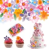 Edible Flowers Cake Decorations - Edible Flowers & Leaves Cake Topper Set Of 60Pcs, Wafer Paper Flower Cupcake Toppers For Wedding Birthday Party Cake Decorating (Mixed Size & Colour)