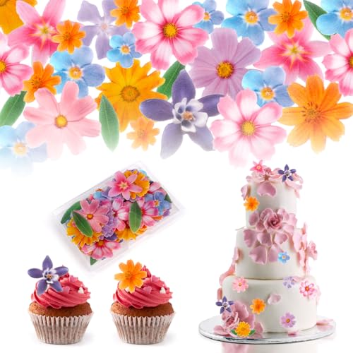 Edible Flowers Cake Decorations - Edible Flowers & Leaves Cake Topper Set Of 60Pcs, Wafer Paper Flower Cupcake Toppers For Wedding Birthday Party Cake Decorating (Mixed Size & Colour)