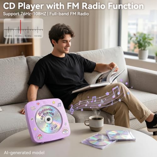 Image of CD Player Portable Bluetooth Rechargeable: CD Players for Home Kegaudio 1800mAh Desktop Wall CD Player with Speakers with Dust Cover FM Radio USB Remote Control