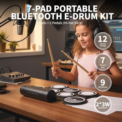 Image of Wireless Electronic Drum Set with 7 Pads, Portable Roll-Up Practice Kit for Kids & Beginners , Built-in Speaker, LED Lights, Recording & Headphone Output ,Includes Kick Pedal, Drum Sticks