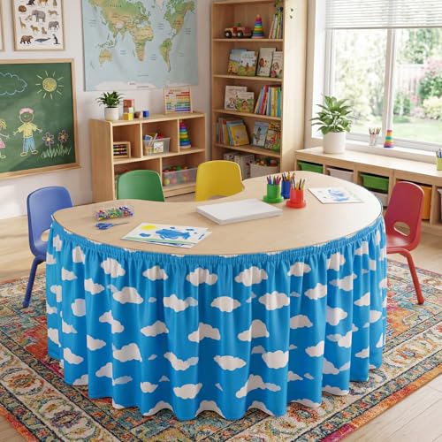 Image of Oudain 9 ft Blue Sky White Clouds Table Skirt Cloths for Teacher Desk Cartoon Wrinkle Blue Sky White Clouds Table Cover Skirt for Kindergarten Classroom Kidney Shaped Desk Back to School Supplies