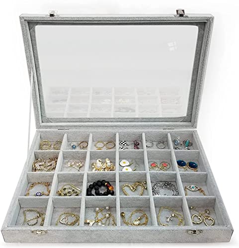 Image of BucketList Women's Velvet Glass Ring Earrings Jewelry Box - Display Storage Showcase Holder Organizer (Big 24 Grid Jewellery Box Grey)