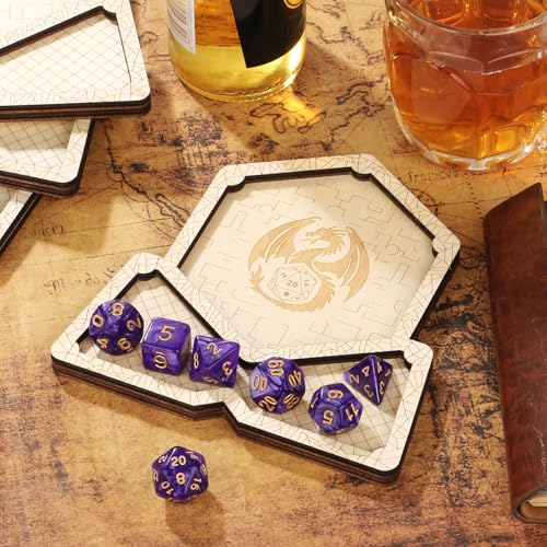 Accessori DND, sottobicchiere in legno a forma di drago con 7 dadi in poliedro, 1pcs sottobicchiere per bevande, set per giochi di ruolo, regalo per dadi da gioco da tavolo per giocatori