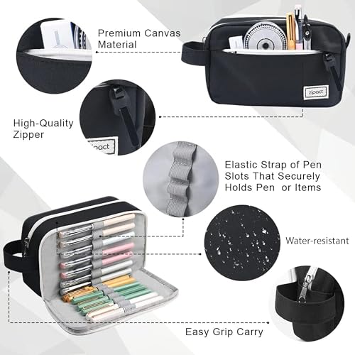 Image of Storite Canvas Pencil Pouch, Black | Large Capacity, Aesthetic Stationery Case, Stylish Organizer, For Students, School, College, and Office Supplies