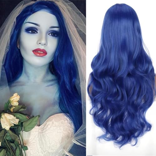Perruque longue ondulée bleue pour cosplay de mariée cadavre et costume d'Evie