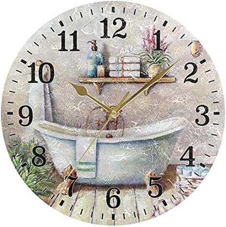 Silent Wall Clock for Bathroom Decorarion, Battery Powered No Ticking 10 Inch Round Small Plastic Horloge for Home, Living Room