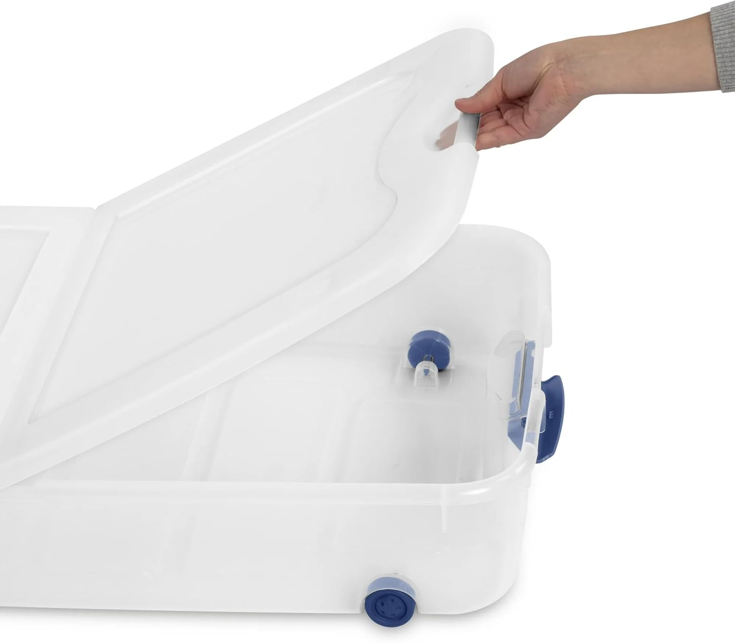 Blue Large Storage Bin, 66 Quart Clear Underbed Storage Container with Latch Lid and Wheels