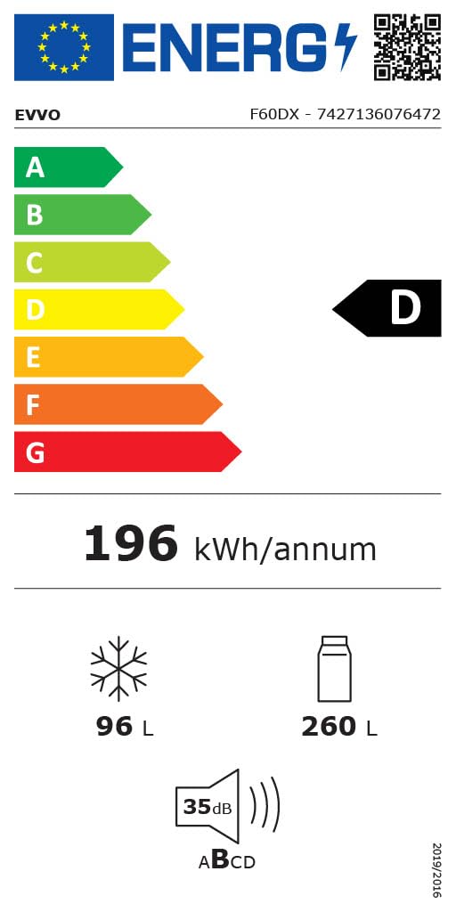 EVVO Frigorífico Combi No Frost, Capacidad Frigorífico 257 L Congelador 94 L, Motor Inverter, 60cm de Ancho, Clase energética D, Multi Air Flow, Luz Interior LED, Panel LED táctil (F60DX, Dark Inox)