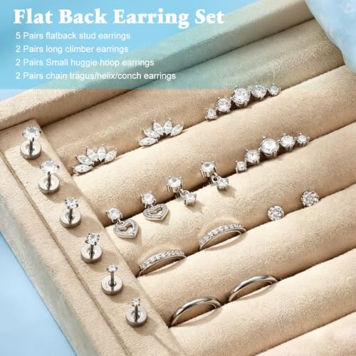 Image of SANNIDHI Earrings Set for Women Rhinestone Hoops Earring Hypoallergenic Hearts-shaped Flat Back Stud Earring Stainless Steel Cartilage Earrings Combo for Multiple Piercing